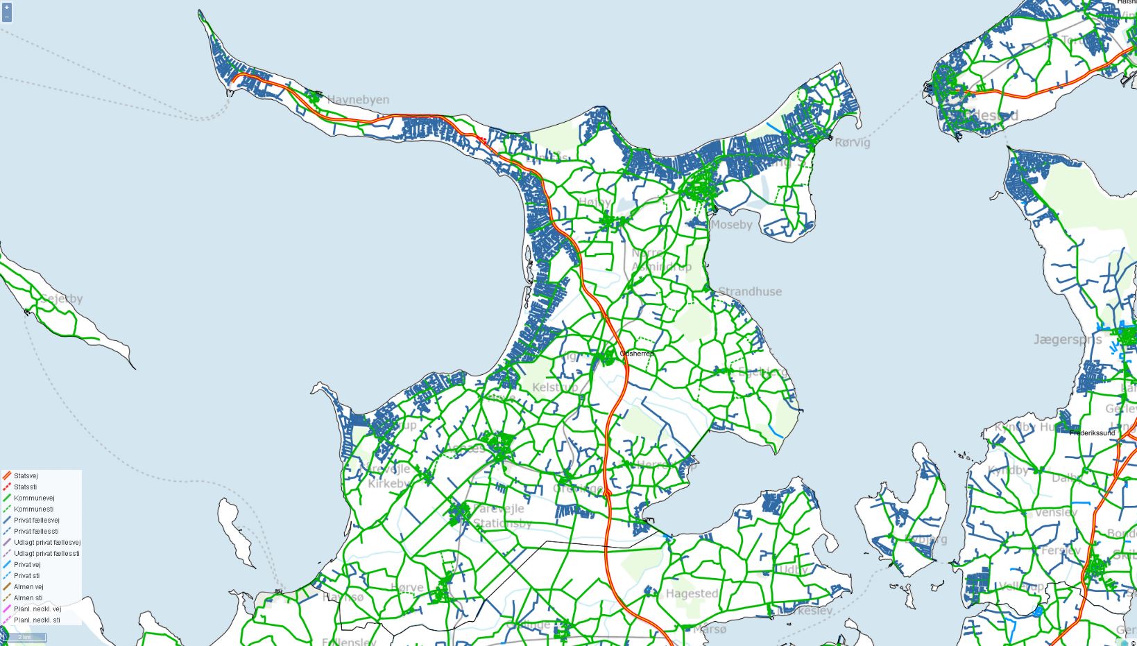 Kort over vejinddeling i Odsherred Kommune fordelt på statsvej, kommunale veje og private fællesveje